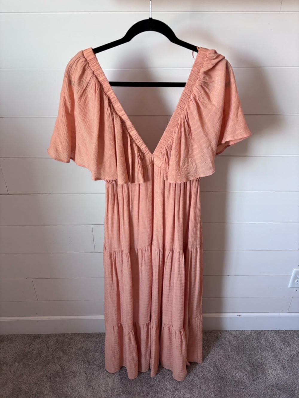 Peach V-Neck Tiered Maxi Dress with Flutter Sleeves